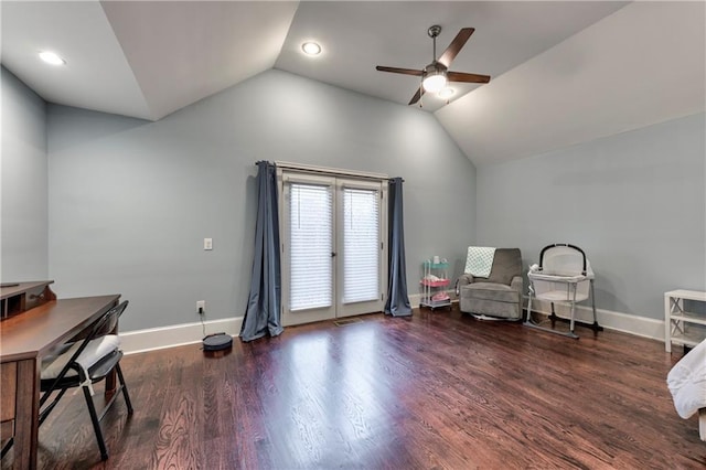 home office with dark wood-type flooring, ceiling fan, and lofted ceiling