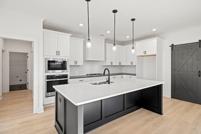 kitchen with light wood-style flooring, a barn door, appliances with stainless steel finishes, white cabinets, and a sink