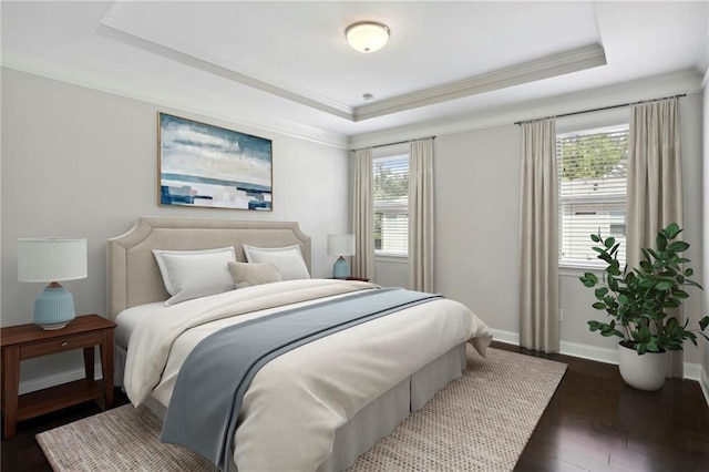 bedroom featuring a tray ceiling, multiple windows, and baseboards