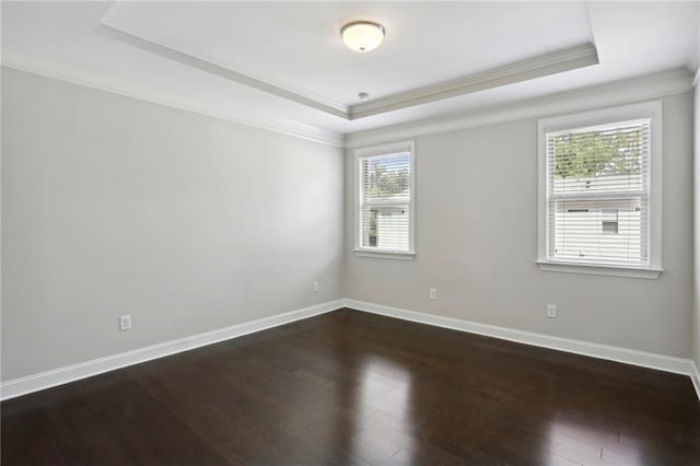 spare room featuring a raised ceiling, dark wood-style floors, and baseboards