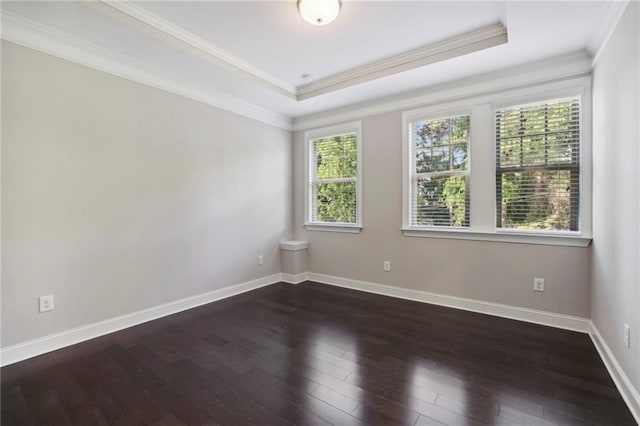 spare room featuring a raised ceiling, crown molding, dark wood-style floors, and baseboards