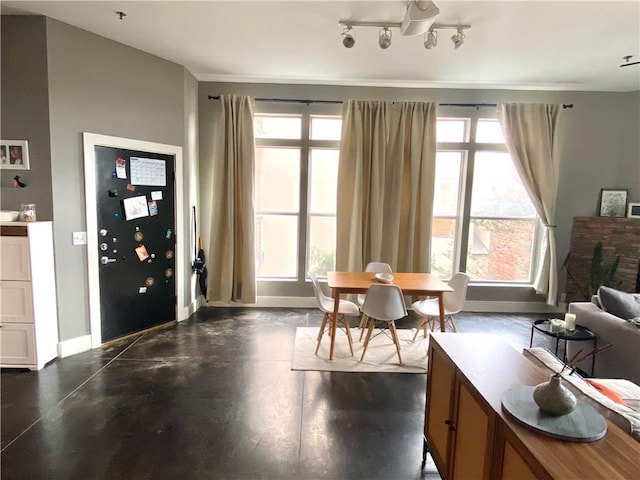 interior space featuring a fireplace, dark hardwood / wood-style floors, track lighting, and plenty of natural light