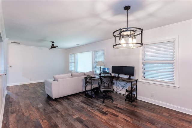 3336 Forrest Hills Dr, Hapeville, GA 30354 - living room featuring a chandelier, dark wood-type flooring, ornamental molding, ceiling fan, and an office area