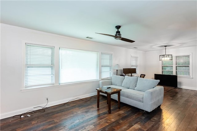 3336 Forrest Hills Dr, Hapeville, GA 30354 - living room with a ceiling fan, dark wood-style flooring, plenty of natural light, crown molding, and a desk