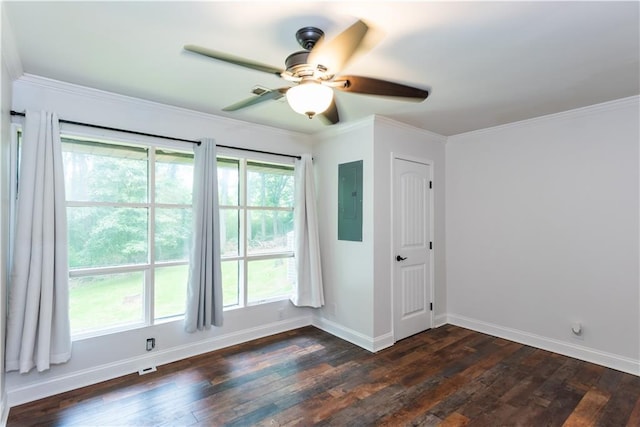 3336 Forrest Hills Dr, Hapeville, GA 30354 - spare room featuring electric panel, dark wood finished floors, a ceiling fan, and ornamental molding