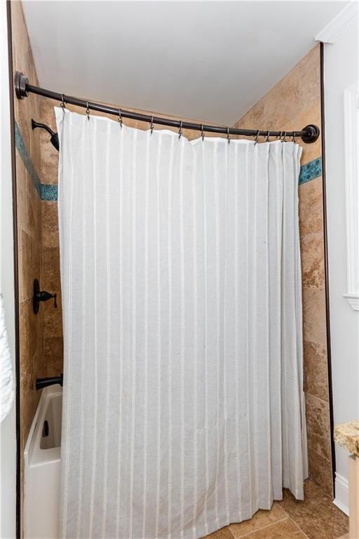 3336 Forrest Hills Dr, Hapeville, GA 30354 - bathroom featuring shower / tub combo and tile patterned flooring