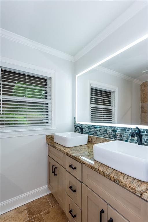 3336 Forrest Hills Dr, Hapeville, GA 30354 - full bathroom featuring double vanity, tasteful backsplash, and ornamental molding