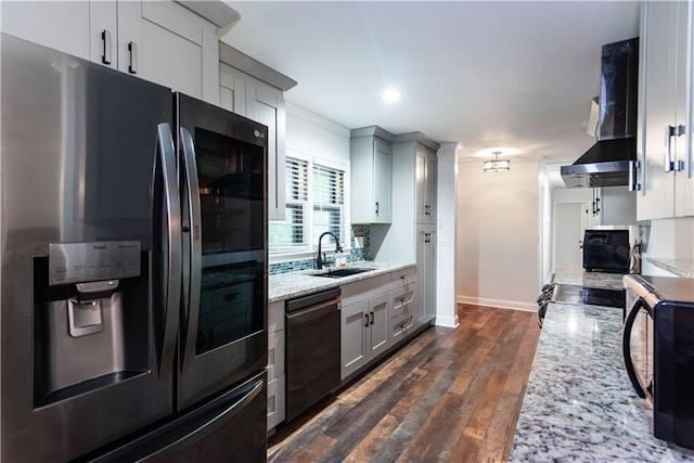 3336 Forrest Hills Dr, Hapeville, GA 30354 - kitchen featuring stainless steel fridge, dishwasher, wall chimney exhaust hood, and gray cabinetry