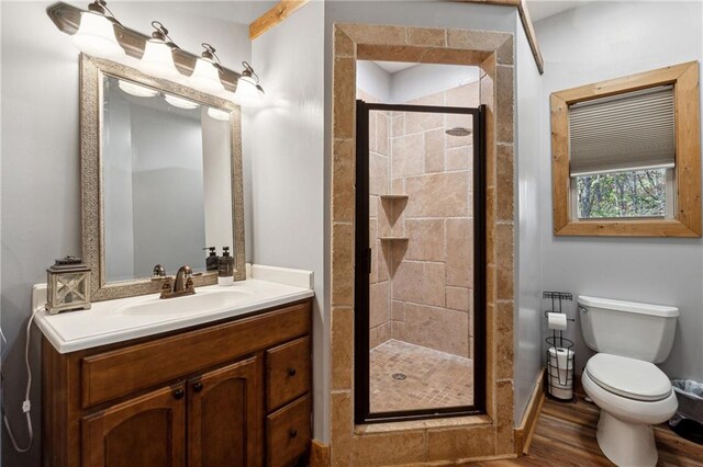 bathroom featuring vanity, toilet, wood-type flooring, and walk in shower