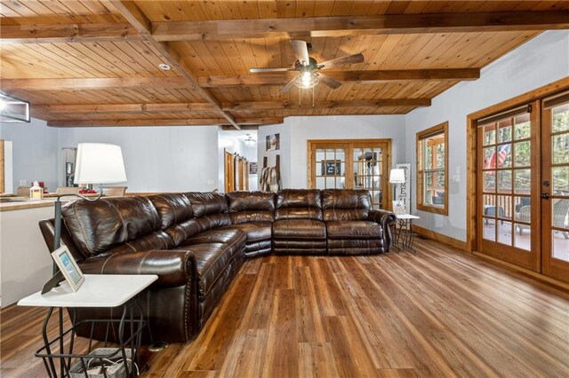 living room with french doors, wooden ceiling, and hardwood / wood-style floors