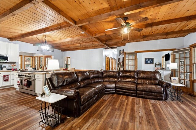 living room featuring ceiling fan, beamed ceiling, wood ceiling, and dark hardwood / wood-style floors