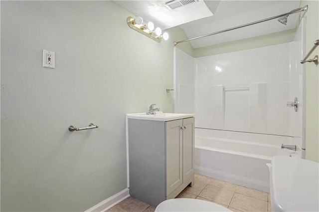 full bathroom with tile patterned flooring, vanity, toilet, and  shower combination