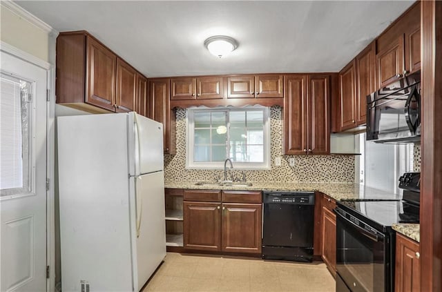 kitchen with sink, black appliances, ornamental molding, light stone countertops, and backsplash