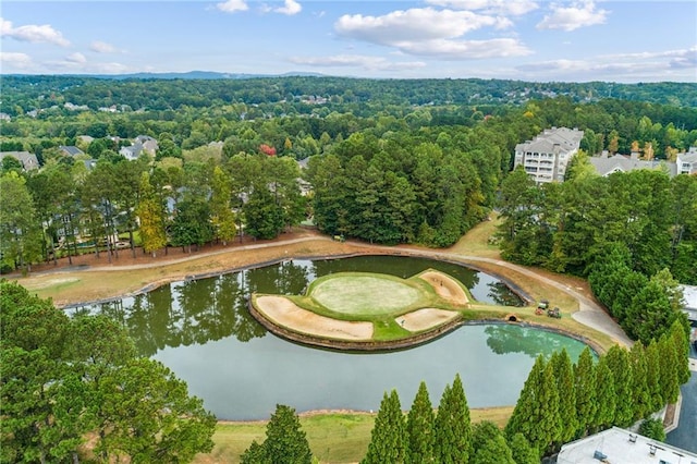 drone / aerial view featuring a water view and a view of trees