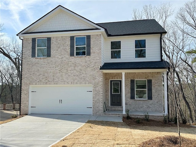 traditional-style home featuring brick siding, covered porch, and concrete driveway