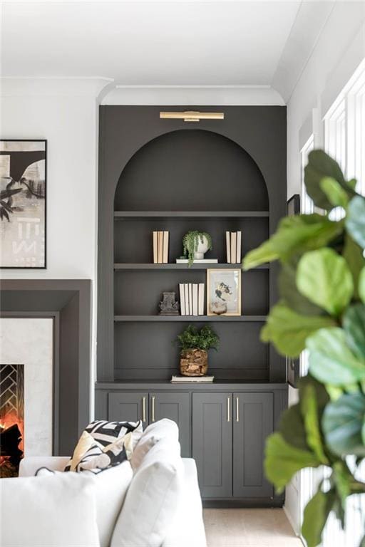 interior details featuring a high end fireplace, crown molding, and built in shelves