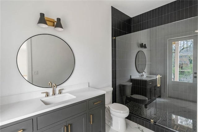 bathroom with toilet, vanity, and walk in shower