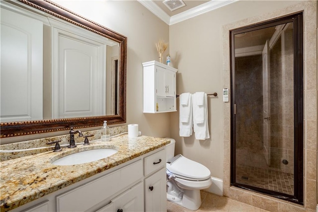 3809 Wieuca Rd NE, Atlanta, GA 30342 - full bathroom with a stall shower, crown molding, toilet, vanity, and tile patterned flooring