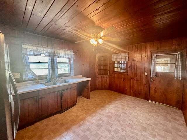 office featuring wood walls, sink, ceiling fan, and wooden ceiling