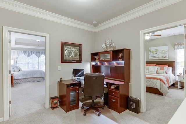 carpeted home office featuring a ceiling fan, baseboards, a wealth of natural light, and ornamental molding