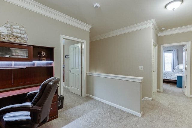 office with crown molding, carpet, and baseboards