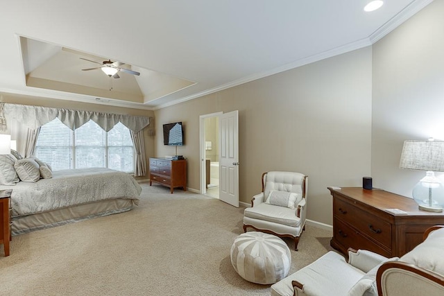 bedroom with light colored carpet, ceiling fan, baseboards, and ornamental molding