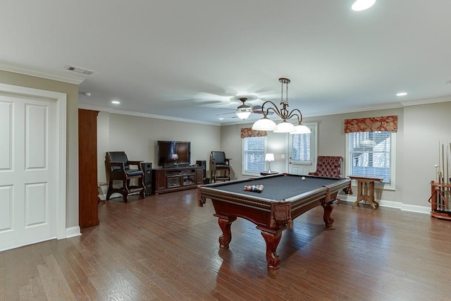 game room featuring visible vents, crown molding, wood finished floors, billiards, and a ceiling fan