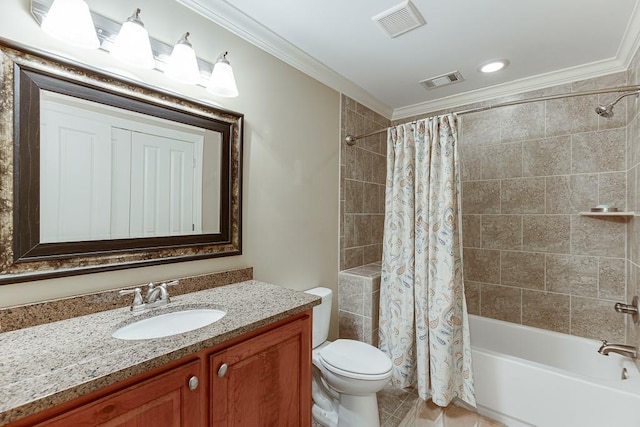 full bathroom with visible vents, shower / bath combination with curtain, toilet, and ornamental molding