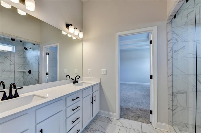 1620 Branthaven Ln, Auburn, GA 30011 - full bath featuring marble finish flooring, double vanity, and a marble finish shower