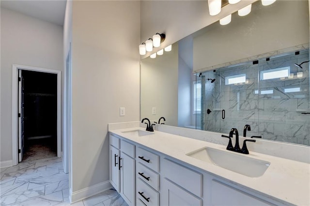 1620 Branthaven Ln, Auburn, GA 30011 - bathroom with marble look tile flooring, a shower stall, double vanity, and a spacious closet