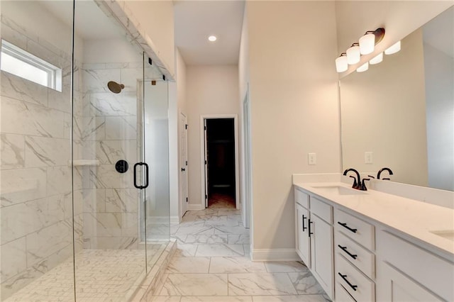 1620 Branthaven Ln, Auburn, GA 30011 - bathroom featuring marble look tile flooring, a marble finish shower, double vanity, and recessed lighting