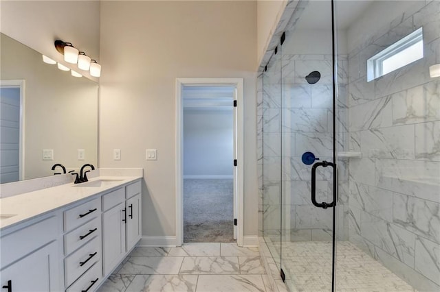 1620 Branthaven Ln, Auburn, GA 30011 - full bathroom featuring marble look tiles, double vanity, and a marble finish shower