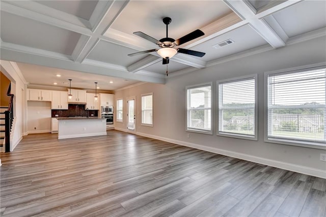 1620 Branthaven Ln, Auburn, GA 30011 - unfurnished living room featuring coffered ceiling, ceiling fan, stairway, light wood-type flooring, and recessed lighting