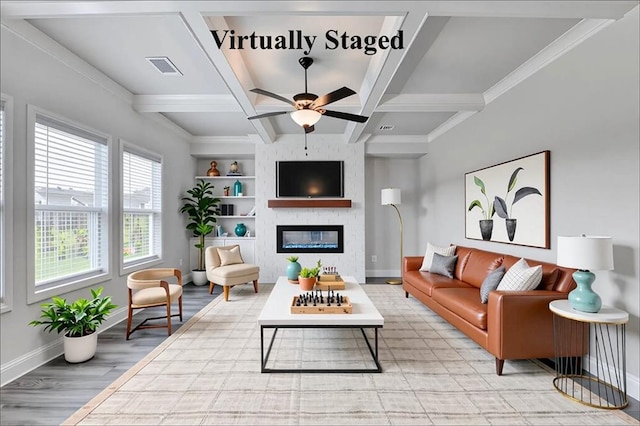1620 Branthaven Ln, Auburn, GA 30011 - living room with coffered ceiling, a ceiling fan, beamed ceiling, built in features, and wood finished floors