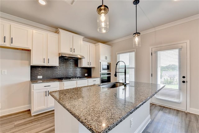 1620 Branthaven Ln, Auburn, GA 30011 - kitchen with appliances with stainless steel finishes, ornamental molding, white cabinets, light wood-style floors, and decorative backsplash