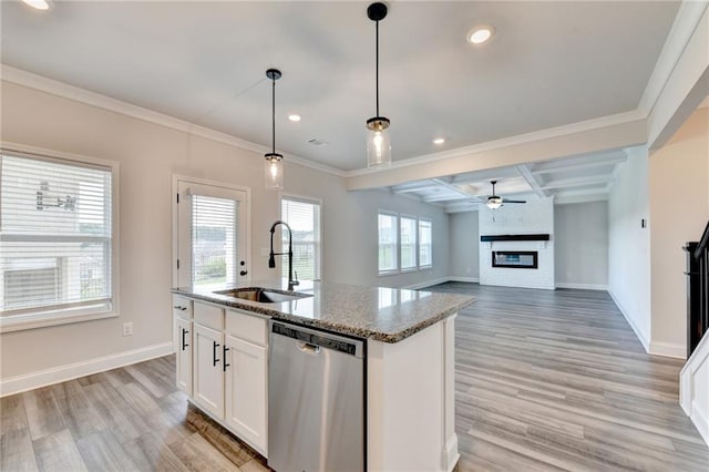 1620 Branthaven Ln, Auburn, GA 30011 - kitchen featuring dishwasher, recessed lighting, light wood-style floors, a fireplace, and stone countertops