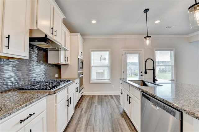 1620 Branthaven Ln, Auburn, GA 30011 - kitchen featuring stainless steel appliances, under cabinet range hood, light wood finished floors, decorative backsplash, and ornamental molding