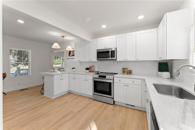 kitchen featuring appliances with stainless steel finishes, hanging light fixtures, a peninsula, white cabinetry, and a sink