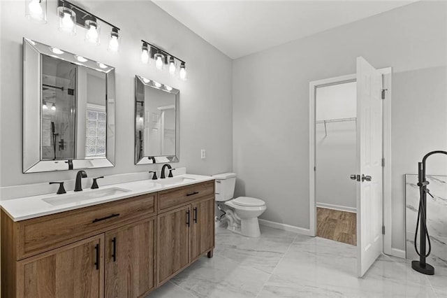 bathroom featuring a shower, vanity, and toilet