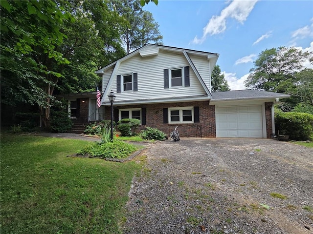 3400 Elm Creek Dr NW, Marietta, GA 30064 - dutch colonial featuring an attached garage, brick siding, dirt driveway, and a front lawn