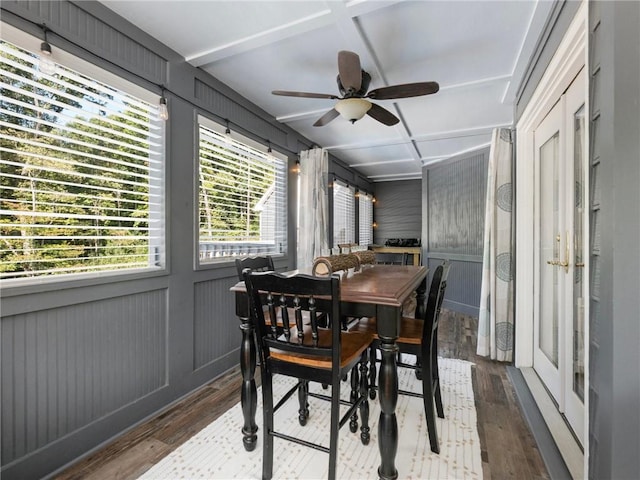 sunroom / solarium with ceiling fan and french doors