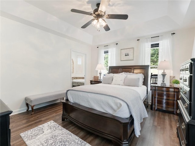 bedroom featuring ceiling fan, ensuite bath, dark wood-type flooring, and multiple windows