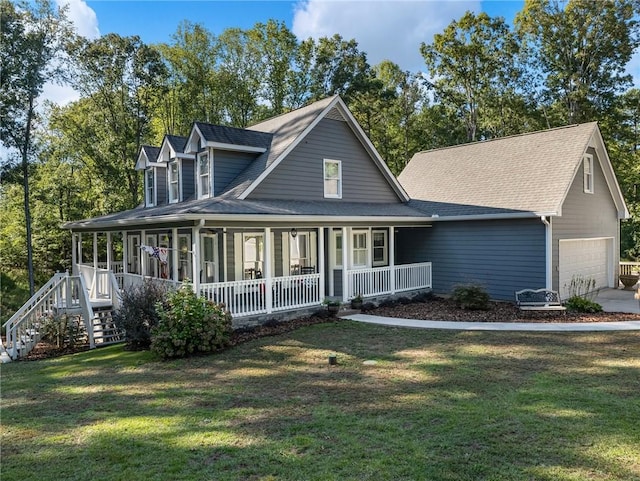 farmhouse with a front lawn, a porch, and a garage