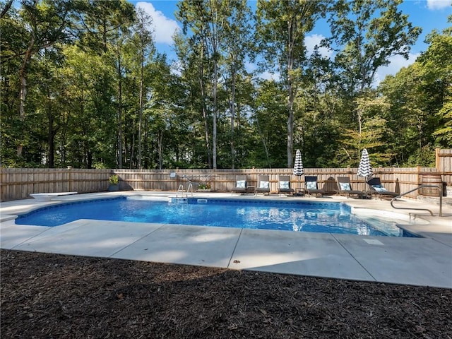 view of pool featuring a patio and a diving board