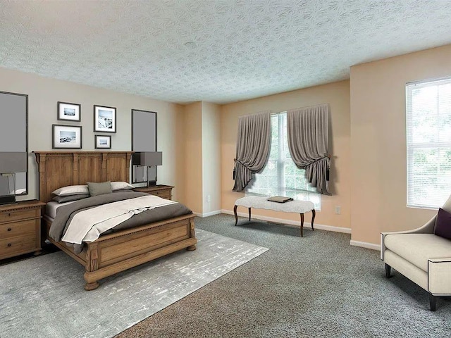 bedroom featuring carpet flooring, a textured ceiling, and multiple windows