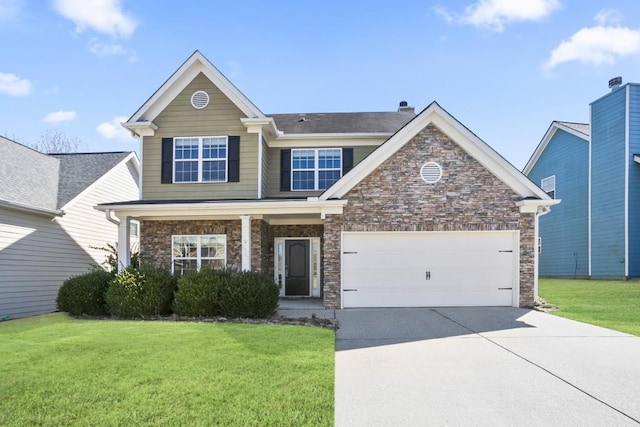 view of front of property featuring driveway, covered porch, an attached garage, and a front yard