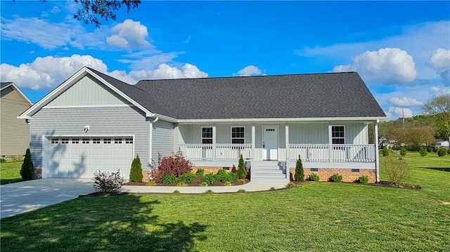 ranch-style house with board and batten siding, covered porch, a garage, and concrete driveway