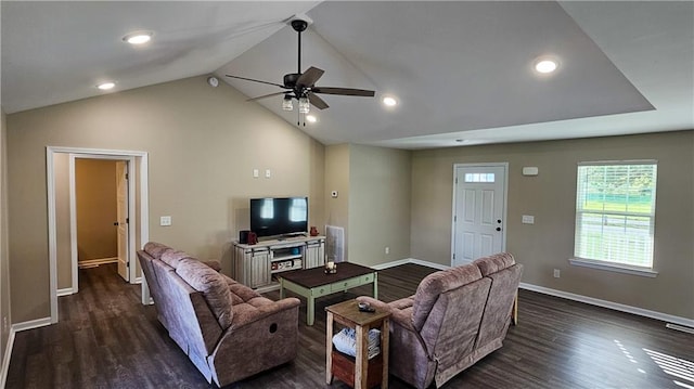 living room featuring ceiling fan, dark wood finished floors, recessed lighting, lofted ceiling, and baseboards