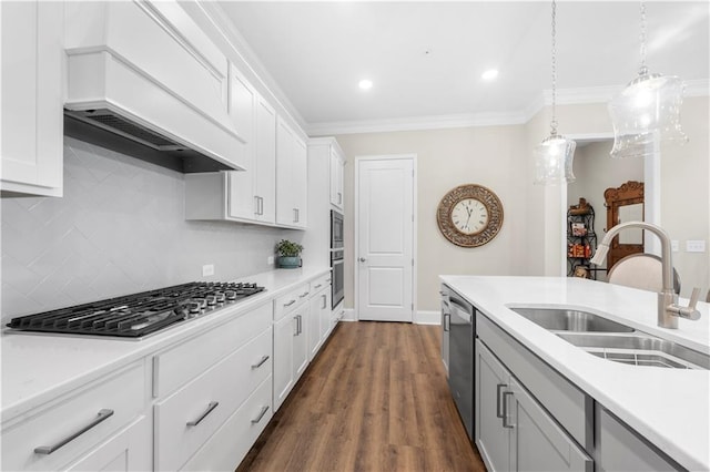 kitchen with crown molding, light countertops, a sink, custom exhaust hood, and stainless steel appliances