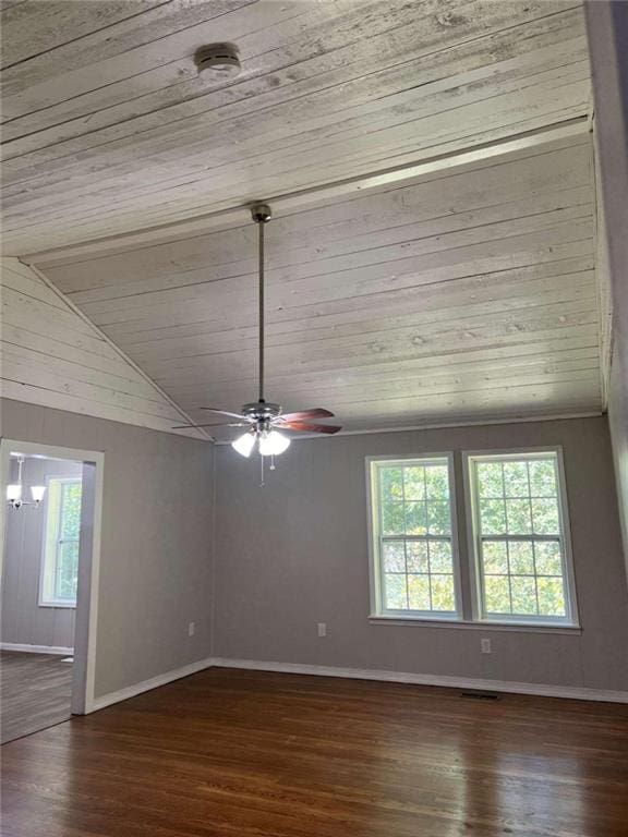 unfurnished room featuring ceiling fan, lofted ceiling, wood ceiling, baseboards, and dark wood-style floors